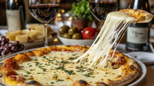 A hot, fresh cheese pizza being pulled apart with long, stretching cheese, served on a table with other Italian food items like olives and wine in the background
