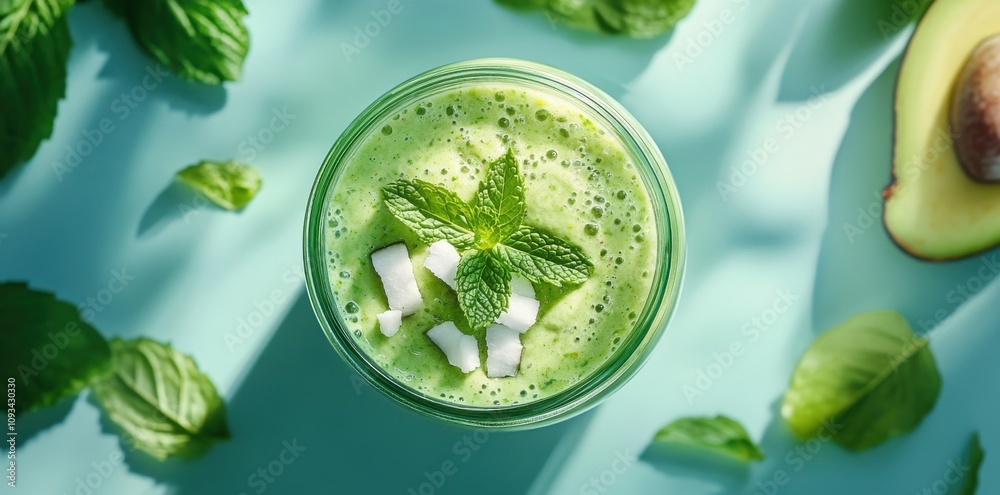 Obraz premium Refreshing Green Smoothie in a Glass Jar with Mint Leaves and Coconut Chunks on a Light Blue Background, Ideal for Healthy Living and Nutrition Purposes