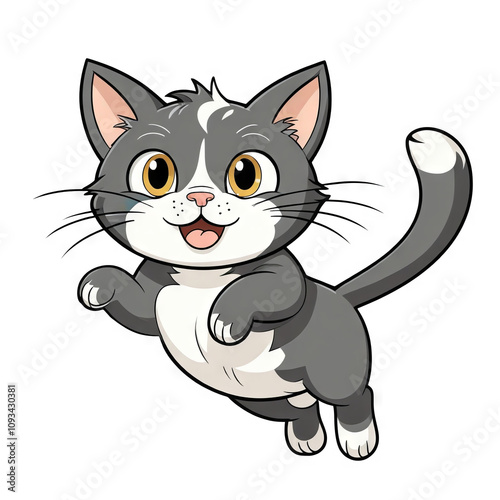 Cute gray cat jumping playfully with an excited expression in a cartoon style illustration