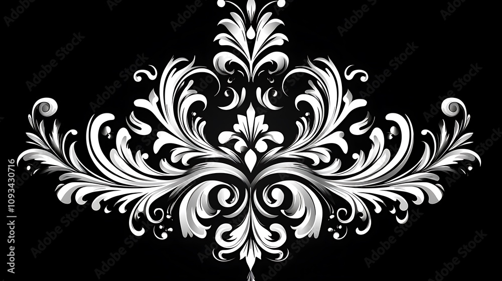 Obraz premium Elegant silver floral damask pattern on black background.