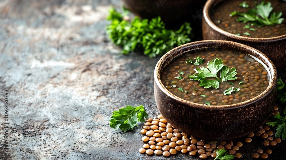 Wholesome Lentil Soup Garnished with Parsley on Rustic Wooden Table Wholesome Lentil Soup Garnished with Parsley on Rustic Wooden Table