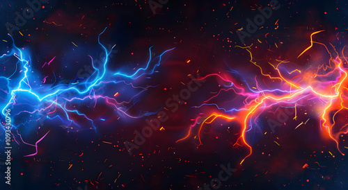 Lightning and electric arc with flash on a dark background, vector illustration. Blue lightning bolt or spark and red electrical fire