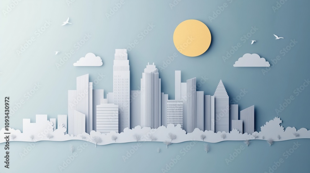 Fototapeta premium Cityscape Skyline in Layered Paper Style Showcasing Minimalistic Artistry During Daylight