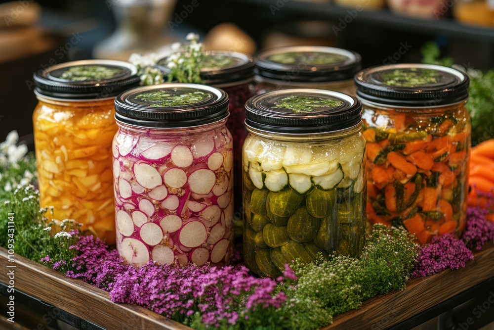 Glass jars with various pickled and preserved vegetables such as radishes, cucumbers, carrots and others, beautifully arranged on a decorative tray decorated with flowers. Glass jars with various pickled and preserved vegetables such as radishes, cucumbers, carrots and others, beautifully arranged on a decorative tray decorated with flowers.