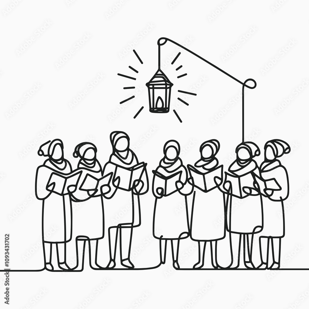 Joyful carolers under a glowing lantern share festive spirit in a winter evening gathering Joyful carolers under a glowing lantern share festive spirit in a winter evening gathering