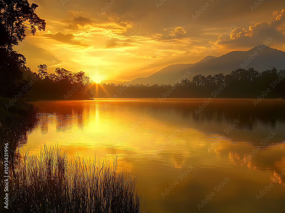 A serene sunrise over the tranquil waters of Lake Reflections A serene sunrise over the tranquil waters of Lake Reflections