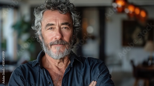 Mature man with gray hair and beard confidently posing in a stylish cafe setting during the day. Generative AI