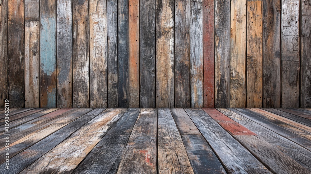 Rustic wooden backdrop with a textured floor, combining various wood tones in an artistic array. Rustic wooden backdrop with a textured floor, combining various wood tones in an artistic array.