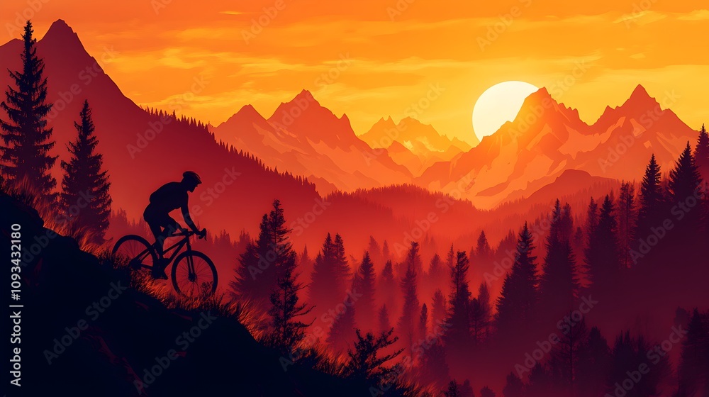 Fototapeta premium Mountain biker riding at sunset rocky mountains digital art outdoor adventure scenic view nature's beauty