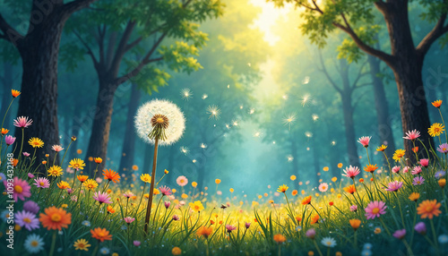 spring meadow with dandelions