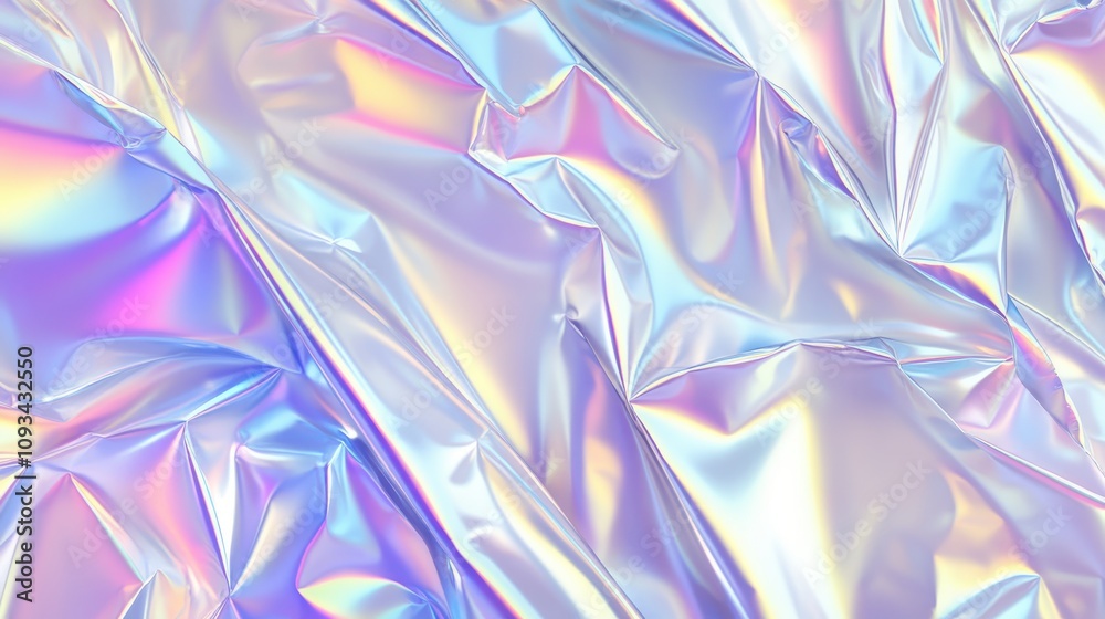 A close-up of crumpled iridescent foil, featuring a spectrum of pastel colors that create a mesmerizing texture. A close-up of crumpled iridescent foil, featuring a spectrum of pastel colors that create a mesmerizing texture.