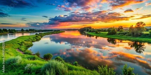 Serene Amu River Landscape at Dusk with Lush Green Banks and Calm Waters, Ideal for Nature Lovers and Tranquil Settings – Perfect for Travel and Landscape Photography