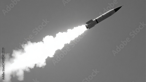 A solitary missile ascends into the sky, leaving a trail of smoke and demonstrating the power of modern military technology in a dynamic launch sequence.
