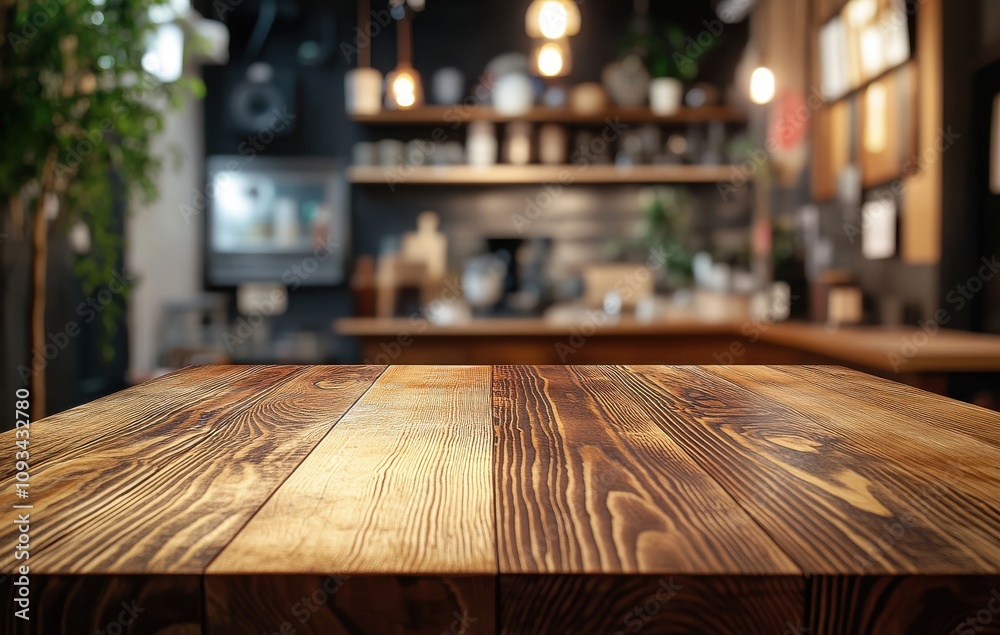 Rustic wooden table in a modern cafe setting with soft lighting and a blurred background showcasing a cozy atmosphere ideal for gatherings and conversations. Rustic wooden table in a modern cafe setting with soft lighting and a blurred background showcasing a cozy atmosphere ideal for gatherings and conversations.