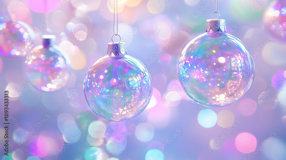 Fototapeta premium Transparent holographic glass Christmas ornaments floating against a rainbow bokeh background. Dreamy holiday design for festive cards and banners 2026 - 2027.