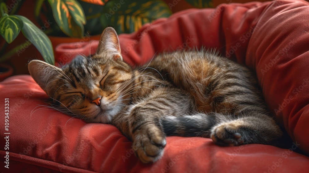 Cozy tabby cat napping peacefully on a vibrant red cushion in a sunny indoor garden setting. Generative AI Cozy tabby cat napping peacefully on a vibrant red cushion in a sunny indoor garden setting. Generative AI