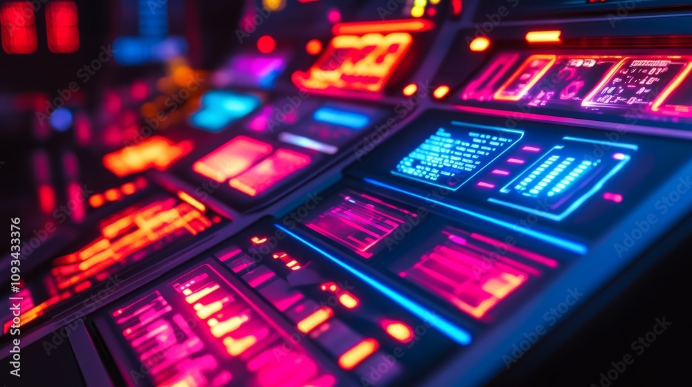 Futuristic Control Panel with Glowing Screens - Sci-fi interface, vibrant neon lights, digital technology, advanced controls, futuristic dashboard. Futuristic Control Panel with Glowing Screens - Sci-fi interface, vibrant neon lights, digital technology, advanced controls, futuristic dashboard.