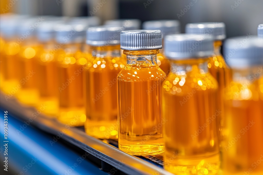 Bottles of honey sit on a conveyor belt in a factory Bottles of honey sit on a conveyor belt in a factory