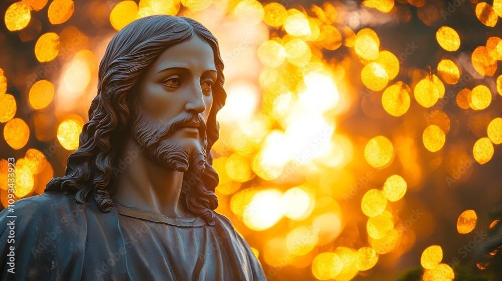 Jesus Christ in front of bokeh lights Jesus Christ in front of bokeh lights