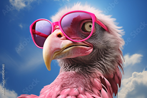 Surreal portrait of a bird, an eagle, looking fixedly into camera, with eyes wide opened, wearing pink glasses. Blue sky and clouds background. Close up. Minimal creative concept.