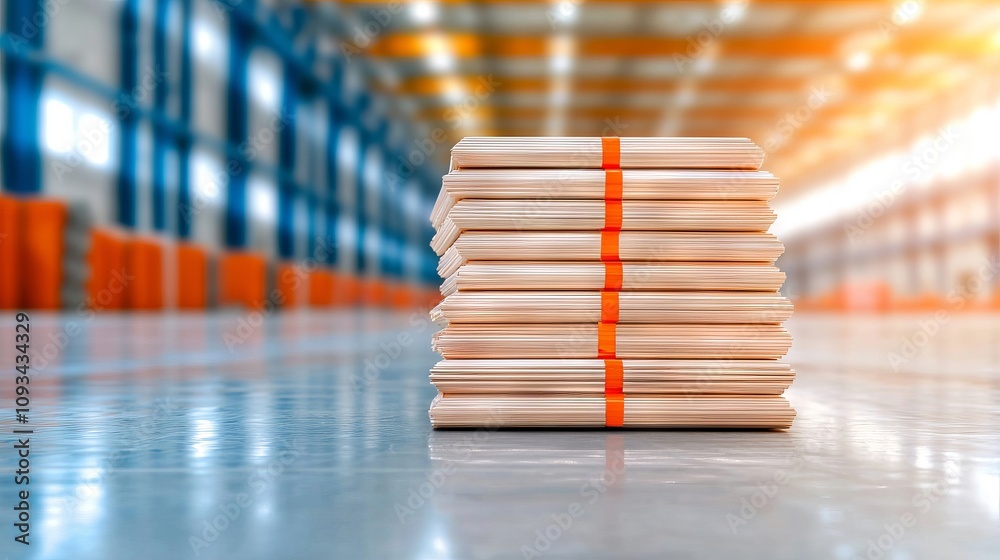 A stack of books sitting on top of a table in a warehouse