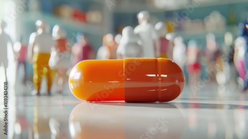 Healthcare Concept: Giant Orange Capsule in a Miniature Community Setting for Medical Awareness. Generative ai photo