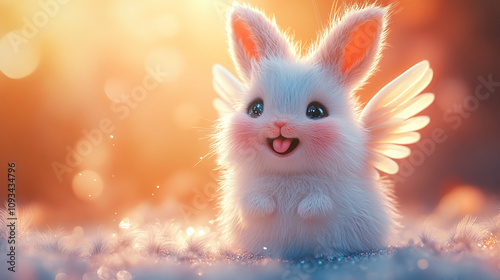 Adorable chubby rabbit character with angelic wings, perfect for Easter designs, children’s product packaging, and whimsical illustrations.