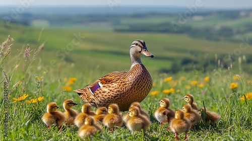 Female mallard duck with ducklings in grassy field.