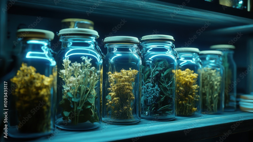 Illuminated Herbal Jars on Shelf for Natural Remedy and Home Decor Inspiration. Generative ai