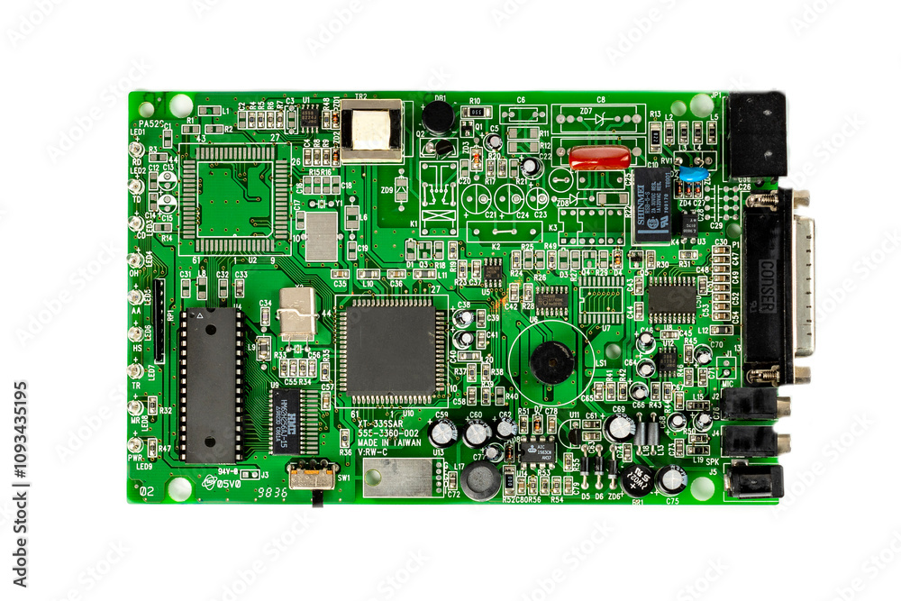 Electronic board with radio components, connectors, slots and processor chip from electronic device isolated on white background. Top view. Electronic board with radio components, connectors, slots and processor chip from electronic device isolated on white background. Top view.