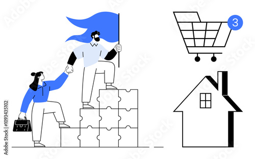 Two individuals climbing puzzle blocks holding flag, shopping cart with notification, house symbol. Ideal for teamwork, goals, online shopping, notifications, home, collaboration, success themes