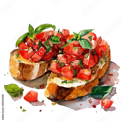 A watercolor of Tomato Bruschetta Recipe, isolated on a white background. Tomato Bruschetta Recipe vector.