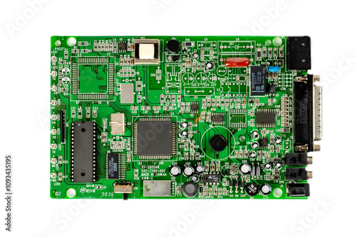 Electronic board with radio components, connectors, slots and processor chip from electronic device isolated on white background. Top view.