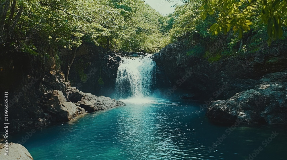 Lush Forest Waterfall Cascades Into Teal Pool Lush Forest Waterfall Cascades Into Teal Pool