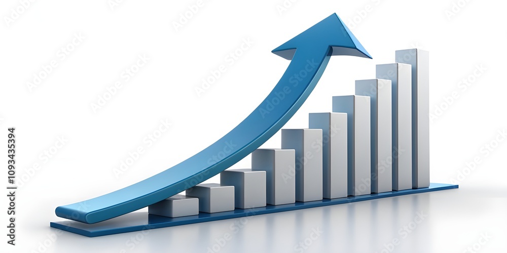 Blue Upward Arrow Over Bar Graph on White Background - 3D Rendering of Business Growth and Success Blue Upward Arrow Over Bar Graph on White Background - 3D Rendering of Business Growth and Success