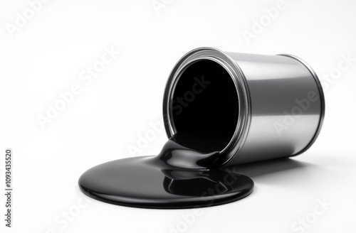 Metal can with black paint spilling over white background, representing artistic creativity concept