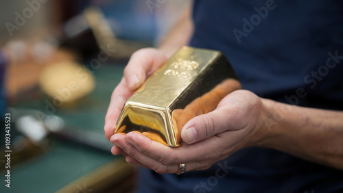 Close-up of hands gently holding a gleaming gold bar..