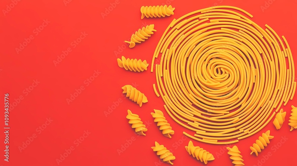 Creative composition of raw pasta shapes in an even layout, providing a textured culinary background for graphic designs