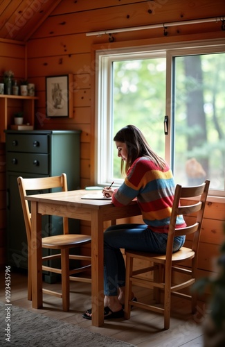 Woman sits at wooden table in cabin writing. Cozy cabin interior with wooden walls, window view. Relaxing atmosphere. Woman wearing striped sweater, jeans. Focus on peaceful activity. Creative work