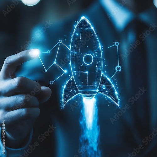 Businessman Touching Rocket Launch Symbolizing Investment Growth, Representing Ambitious Business Goals, Innovation, and Future Expansion