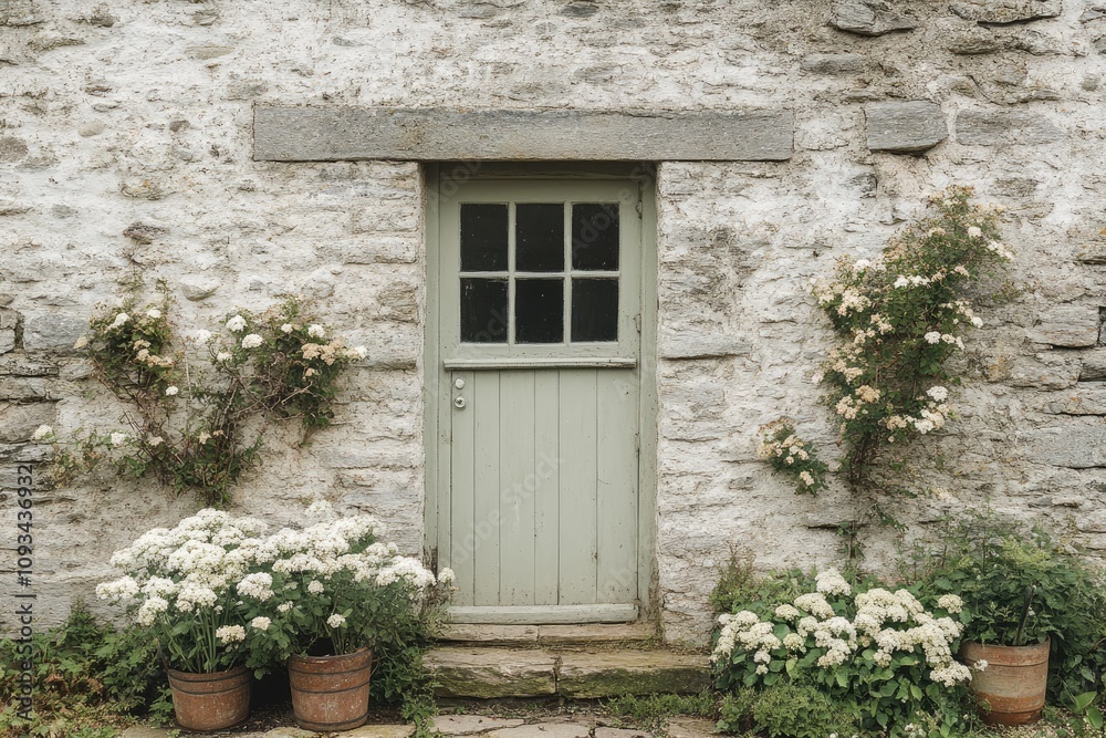 Stone Wall with Green Door and White Flowers Stone Wall with Green Door and White Flowers