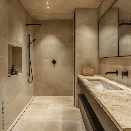 A modern bathroom with sleek matte black taps and fixtures, including a minimalist fauce photo