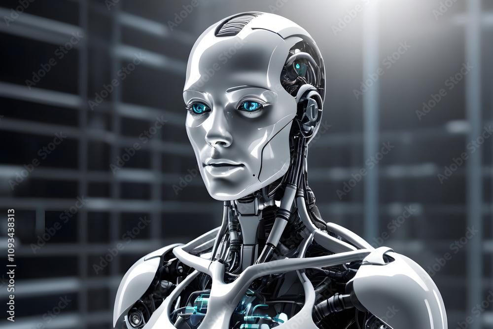 Futuristic female robot showing artificial intelligence in server room Futuristic female robot showing artificial intelligence in server room