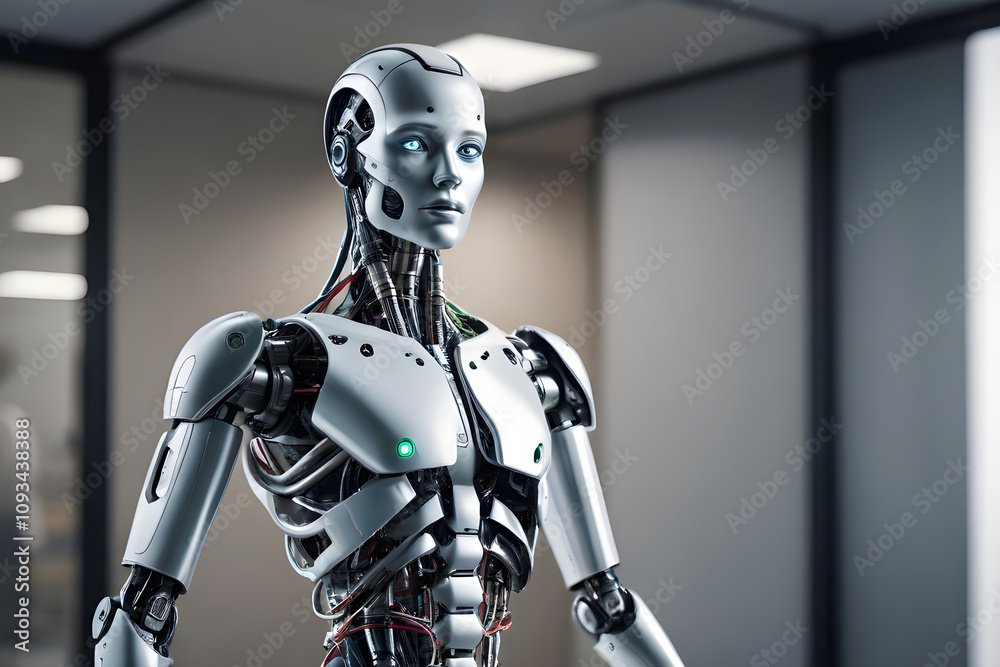 Fototapeta premium Futuristic female robot standing in modern office setting