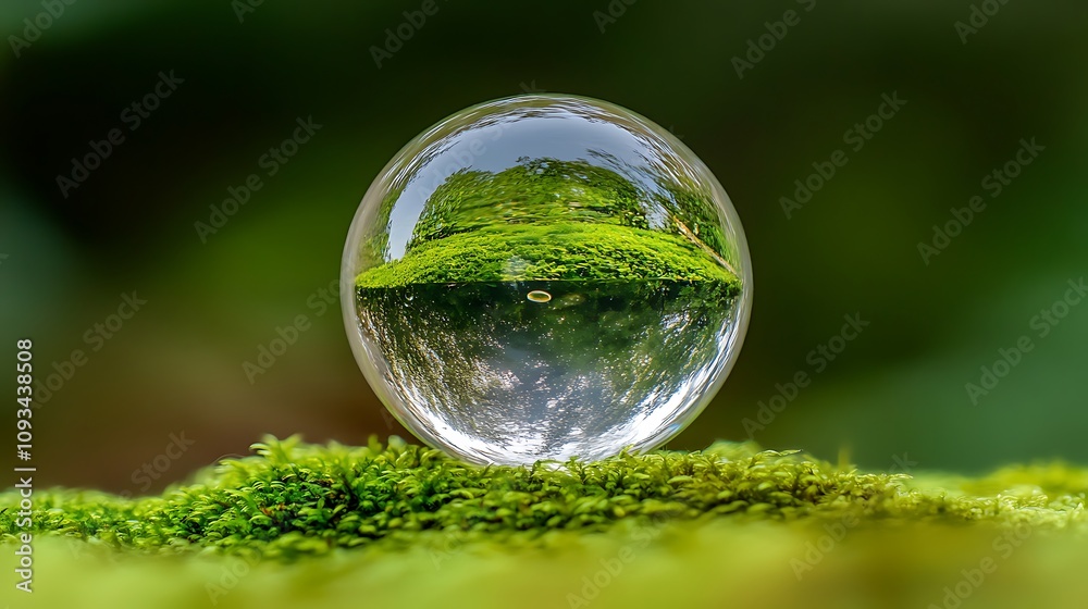 A crystal globe glass on a bed of green moss in a vibrant forest A crystal globe glass on a bed of green moss in a vibrant forest