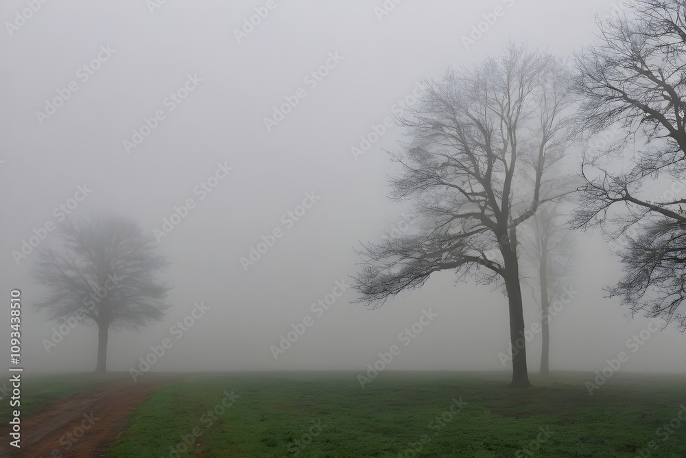 Bare trees standing in foggy field with dirt road Bare trees standing in foggy field with dirt road