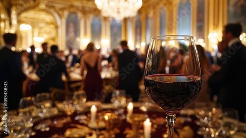 A wine glass is on a table with a group of people
