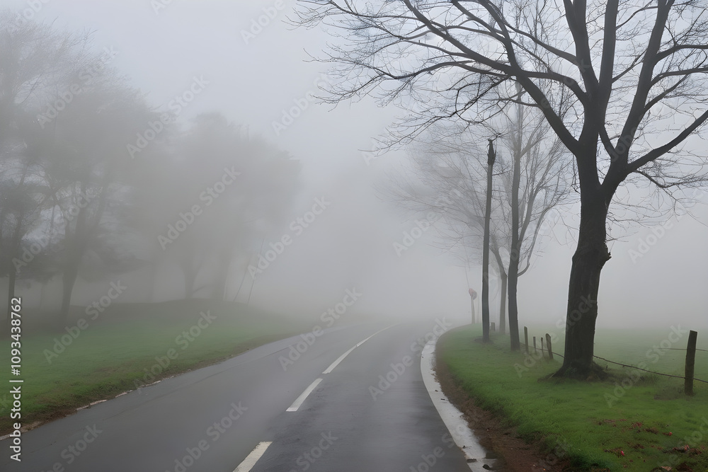 Fototapeta premium Empty asphalt road disappearing into foggy forest landscape