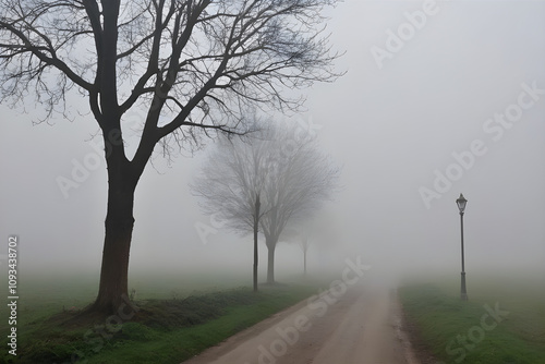 Gravel road disappearing into the fog on a dreary day
