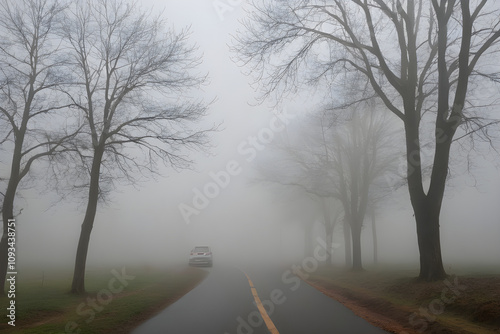 Car driving on a foggy road between bare trees in autumn